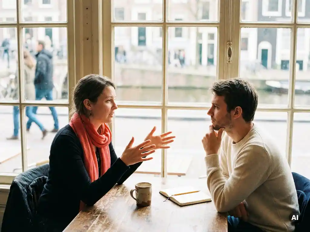 Twee mensen in gesprek aan een versleten houten cafétafel in Amsterdam, één leunt voorover met open handen terwijl de ander aandachtig luistert.