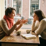 Twee mensen in gesprek aan een versleten houten cafétafel in Amsterdam, één gebarend, ander aandachtig luisterend, koffiekopjes en notitieboek erbij.