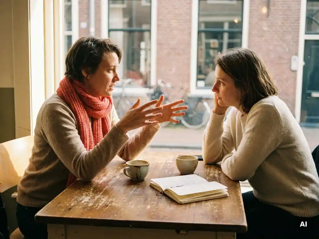 Twee mensen in gesprek aan een versleten houten cafétafel in Amsterdam, één gebarend, ander aandachtig luisterend, koffiekopjes en notitieboek erbij.