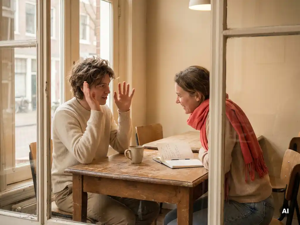 Twee mensen in gesprek aan een houten cafétafel in Amsterdam, één gebarend, de ander aandachtig luisterend, met koffie en notitieboek.