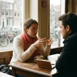 Twee mensen in gesprek aan een versleten houten cafétafel in Amsterdam, met een koffiekopje en notitieboekje erbij.