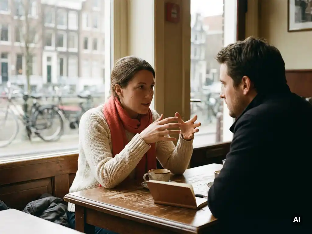 Twee mensen in gesprek aan een versleten houten cafétafel in Amsterdam, met een koffiekopje en notitieboekje erbij.