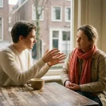 Twee mensen in gesprek aan een versleten houten cafétafel in Amsterdam, één leunend voorover met open handen, warm natuurlijk licht.