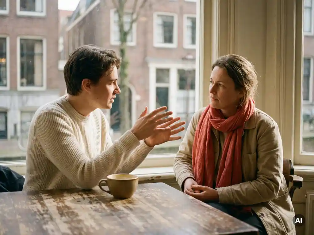 Twee mensen in gesprek aan een versleten houten cafétafel in Amsterdam, één leunend voorover met open handen, warm natuurlijk licht.