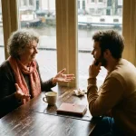 Twee mensen in gesprek aan een houten cafétafel in Amsterdam, één gebaart expressief terwijl de ander aandachtig luistert.