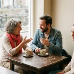 Twee mensen in levendig gesprek aan een houten cafétafel in Amsterdam, met keramische koffiekopjes en een koraalrood accent.