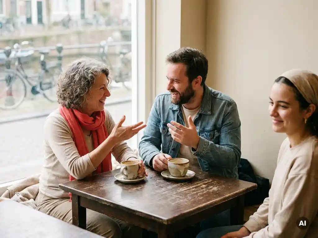 Twee mensen in levendig gesprek aan een houten cafétafel in Amsterdam, met keramische koffiekopjes en een koraalrood accent.