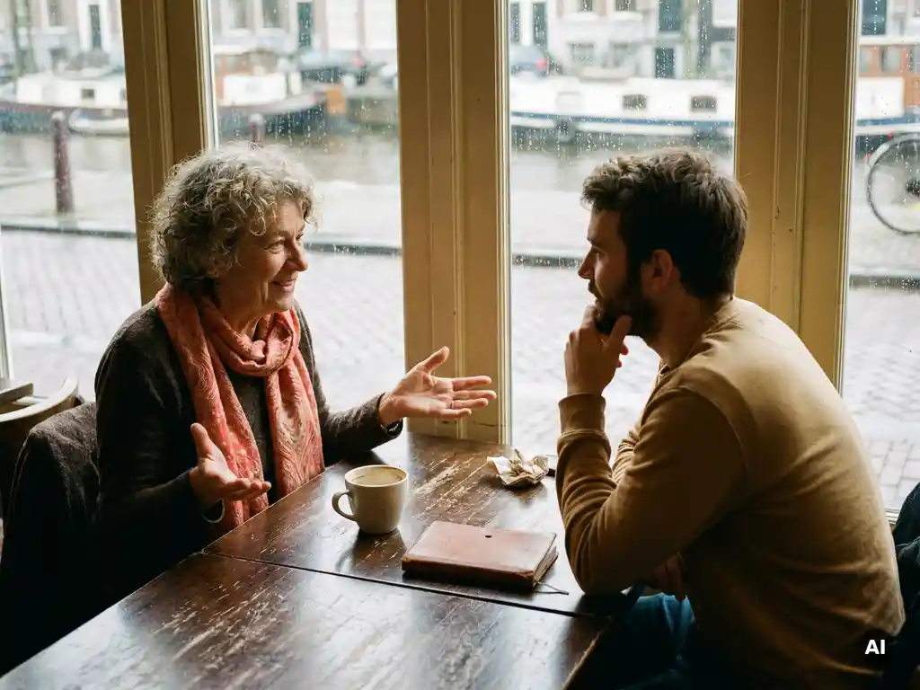 Twee mensen in gesprek aan een houten cafétafel in Amsterdam, één gebaart expressief terwijl de ander aandachtig luistert.