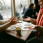 Twee mensen in gesprek aan een houten cafétafel in Amsterdam, met schetsen en een koffiekopje ertussen, in warm natuurlijk licht.