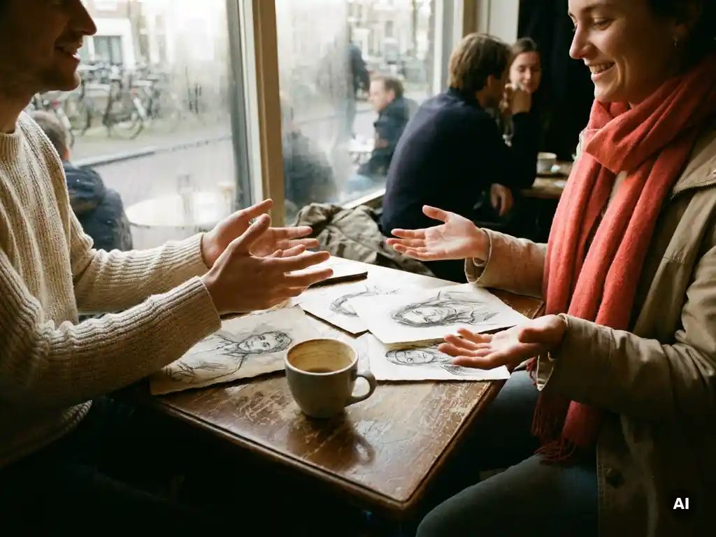 Twee mensen in gesprek aan een houten cafétafel in Amsterdam, met schetsen en een koffiekopje ertussen, in warm natuurlijk licht.