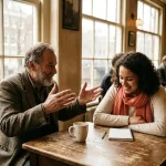 Twee mensen in gesprek aan een houten cafétafel in Amsterdam, één gebarend terwijl de ander aandachtig luistert, met koffie en notitieboekje erbij.