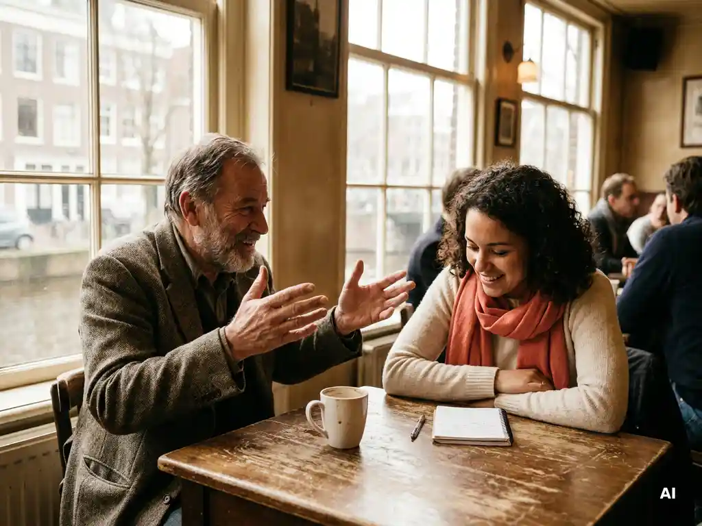 Twee mensen in gesprek aan een houten cafétafel in Amsterdam, één gebarend terwijl de ander aandachtig luistert, met koffie en notitieboekje erbij.