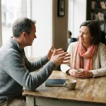 Twee mensen in gesprek aan een houten cafétafel, één gebarend met open handen terwijl de ander aandachtig luistert, zachte natuurlijke belichting.