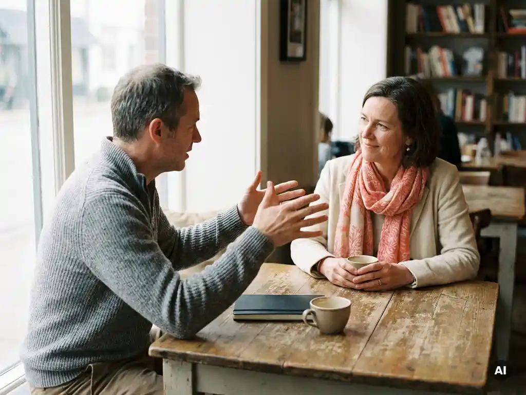 Twee mensen in gesprek aan een houten cafétafel, één gebarend met open handen terwijl de ander aandachtig luistert, zachte natuurlijke belichting.