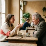 Jonge vrouw in gesprek met oudere man aan een houten cafétafel in Amsterdam, keramische koffiekopjes en notitieboek tussen hen in.