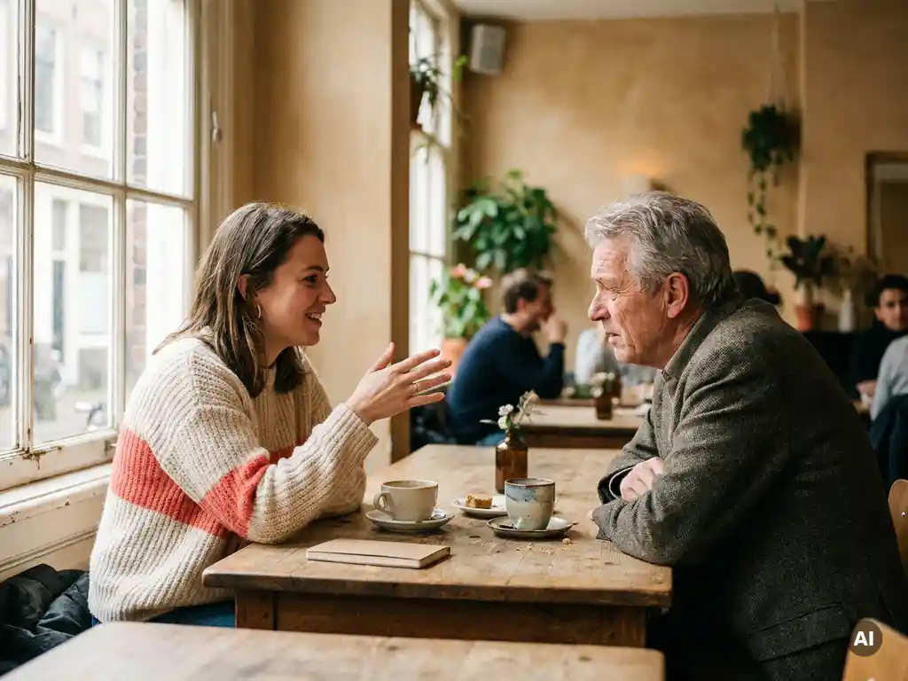 Jonge vrouw in gesprek met oudere man aan een houten cafétafel in Amsterdam, keramische koffiekopjes en notitieboek tussen hen in.