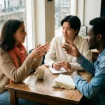 Twee mensen in levendig gesprek aan een houten cafétafel in Amsterdam, met koffie en een notitieboek, in warm natuurlijk daglicht.