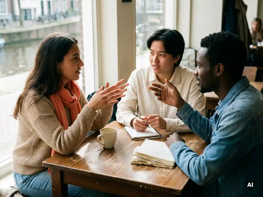 Twee mensen in levendig gesprek aan een houten cafétafel in Amsterdam, met koffie en een notitieboek, in warm natuurlijk daglicht.