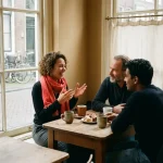 Drie mensen in gesprek aan een houten cafétafel in Amsterdam, één persoon gebaart expressief terwijl de anderen aandachtig luisteren.