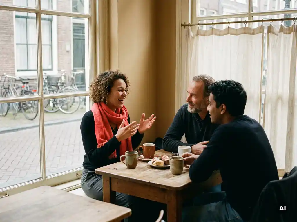 Drie mensen in gesprek aan een houten cafétafel in Amsterdam, één persoon gebaart expressief terwijl de anderen aandachtig luisteren.