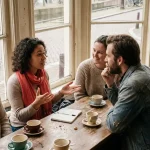 Drie mensen in gesprek aan een houten cafétafel in Amsterdam, met koffie en een notitieboekje, in warm natuurlijk daglicht.
