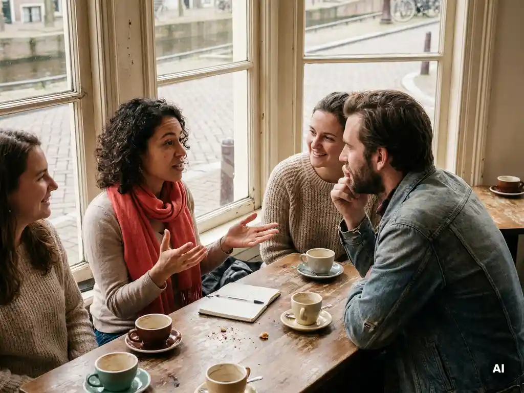 Drie mensen in gesprek aan een houten cafétafel in Amsterdam, met koffie en een notitieboekje, in warm natuurlijk daglicht.