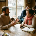 Twee mensen in gesprek aan een versleten houten cafétafel in Amsterdam, met koffie en notitieboek, warm natuurlijk raamlicht.