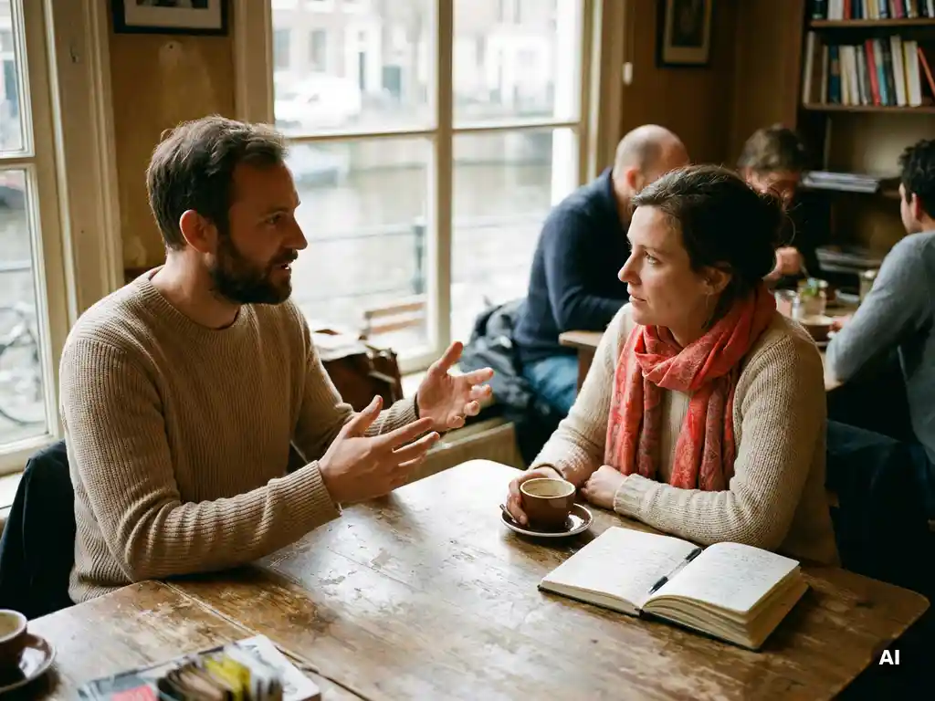 Twee mensen in gesprek aan een versleten houten cafétafel in Amsterdam, met koffie en notitieboek, warm natuurlijk raamlicht.