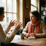 Twee mensen in gesprek aan een versleten houten cafétafel in Amsterdam, met koffie en notitieboekje, warm natuurlijk daglicht.