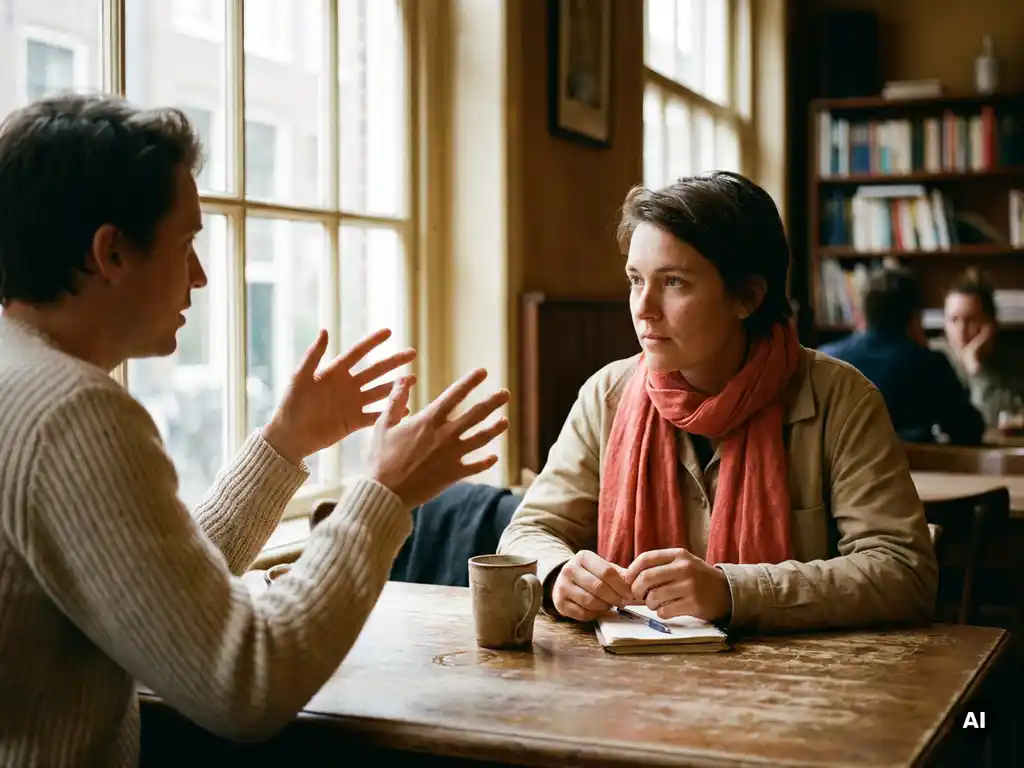 Twee mensen in gesprek aan een versleten houten cafétafel in Amsterdam, met koffie en notitieboekje, warm natuurlijk daglicht.
