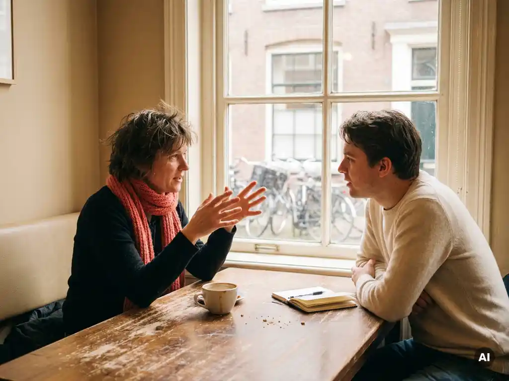 Twee mensen in gesprek aan een versleten houten cafétafel in Amsterdam, met koffiekopje en notitieboekje, warme daglichtsfeer.