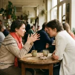 Twee mensen in gesprek aan een versleten houten cafétafel in Amsterdam, met keramische koffiekopjes en een koraalrood sjaal op de voorgrond.