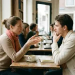 Twee mensen in gesprek aan een versleten houten cafétafel in Amsterdam, één gebarend met open handen terwijl de ander aandachtig luistert.
