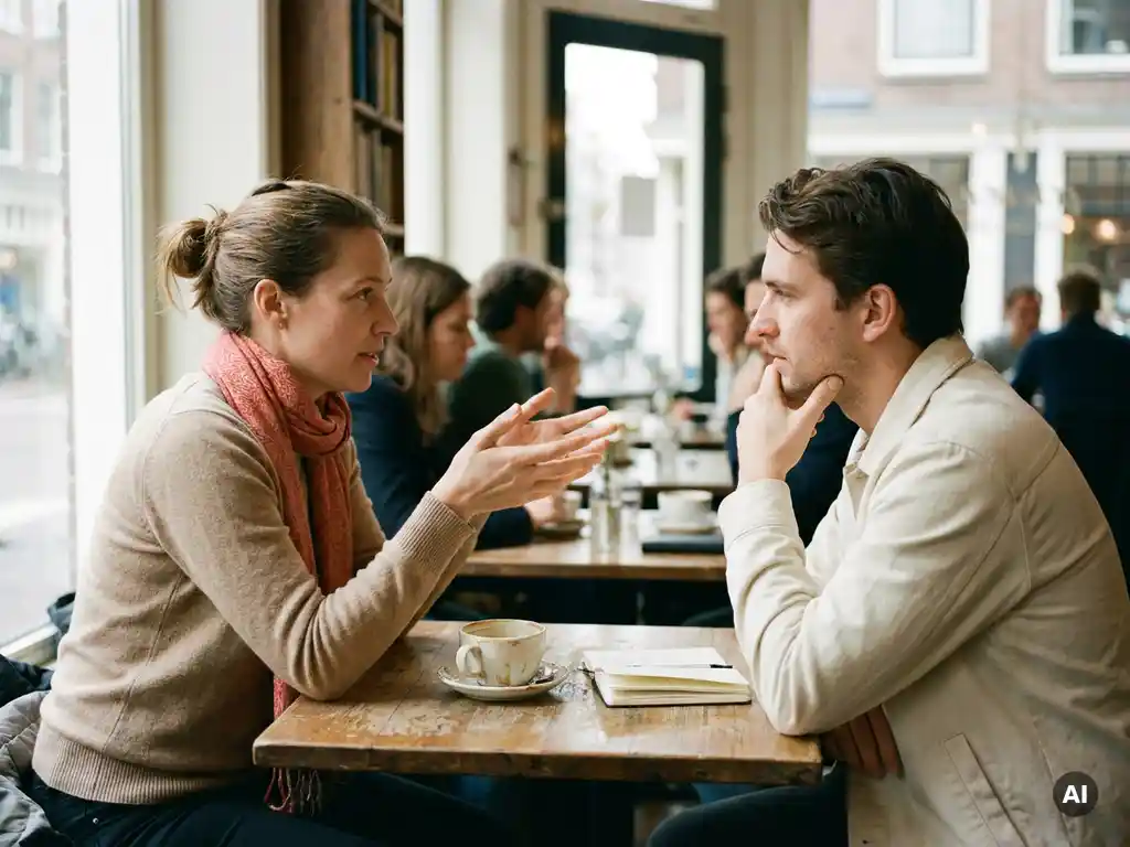 Twee mensen in gesprek aan een versleten houten cafétafel in Amsterdam, één gebarend met open handen terwijl de ander aandachtig luistert.