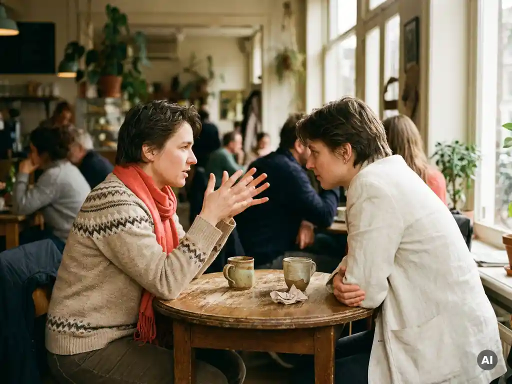Twee mensen in gesprek aan een versleten houten cafétafel in Amsterdam, met keramische koffiekopjes en een koraalrood sjaal op de voorgrond.