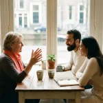 Drie mensen in gesprek aan een houten cafétafel in Amsterdam, één persoon gebaart expressief terwijl de anderen aandachtig luisteren.