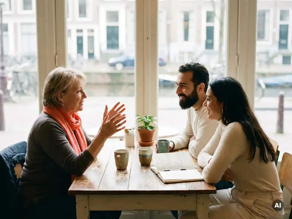 Drie mensen in gesprek aan een houten cafétafel in Amsterdam, één persoon gebaart expressief terwijl de anderen aandachtig luisteren.