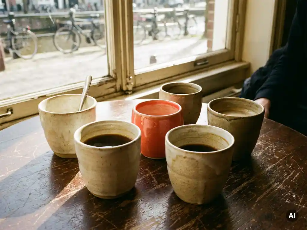 Handgemaakte keramische koffiekopjes op een versleten houten cafétafel in Amsterdam, met een koraalrood kopje als blikvanger in zachte middagzon.