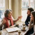 Drie mensen in gesprek aan een houten cafétafel in Amsterdam, vrouw gebaart expressief terwijl anderen aandachtig luisteren, koffie en notitieboek erbij.