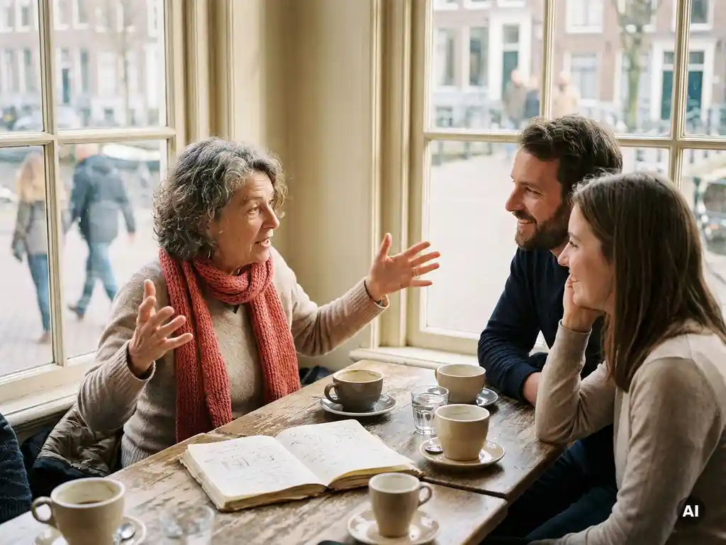 Drie mensen in gesprek aan een houten cafétafel in Amsterdam, vrouw gebaart expressief terwijl anderen aandachtig luisteren, koffie en notitieboek erbij.