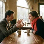 Onderzoeker en klant in gesprek aan houten cafétafel in Amsterdam, met koffiekopjes en een koraalrood accent in warm daglicht.