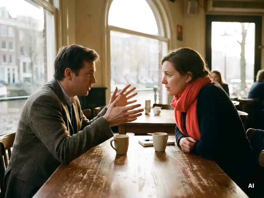 Onderzoeker en klant in gesprek aan houten cafétafel in Amsterdam, met koffiekopjes en een koraalrood accent in warm daglicht.