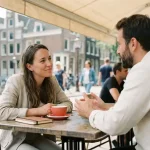 Onderzoeker in gesprek met een vreemdeling op een zonnig Amsterdams caféterras, notitieboek ongebruikt op de houten tafel.