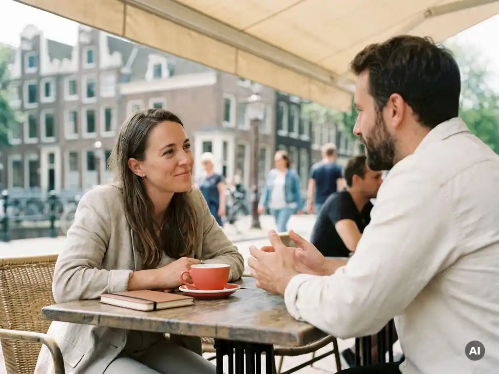 Onderzoeker in gesprek met een vreemdeling op een zonnig Amsterdams caféterras, notitieboek ongebruikt op de houten tafel.