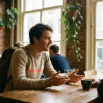 Onderzoeker in gesprek aan een houten cafétafel in Amsterdam, handen gebarend, warm daglicht door grote ramen.