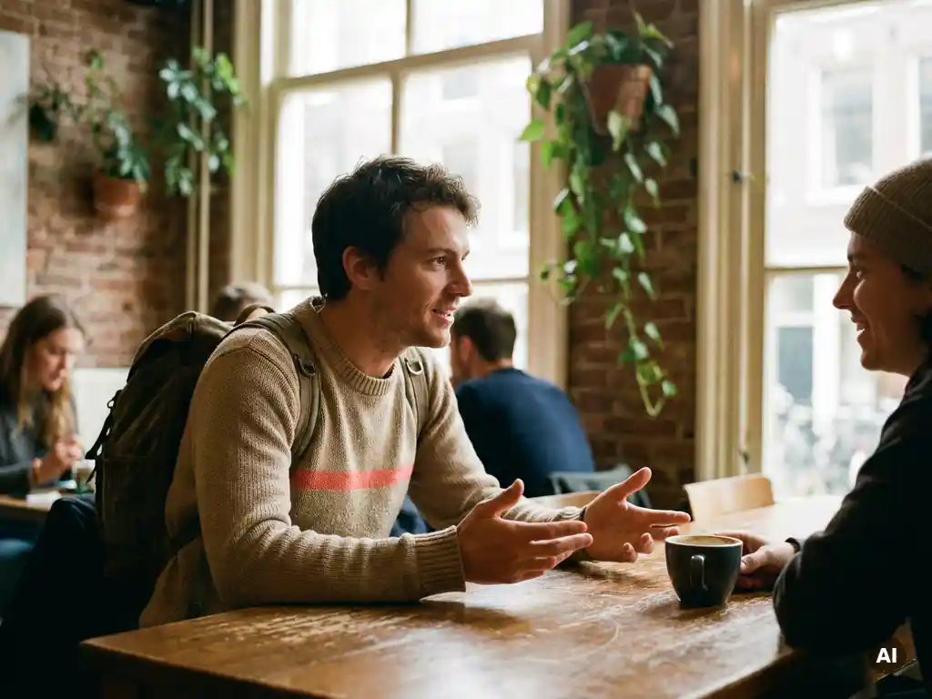 Onderzoeker in gesprek aan een houten cafétafel in Amsterdam, handen gebarend, warm daglicht door grote ramen.
