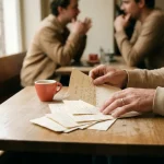 Onderzoeker sorteert handgeschreven interviewaantekeningen op een houten cafétafel in Amsterdam, met een koraalrood espressokopje ernaast.