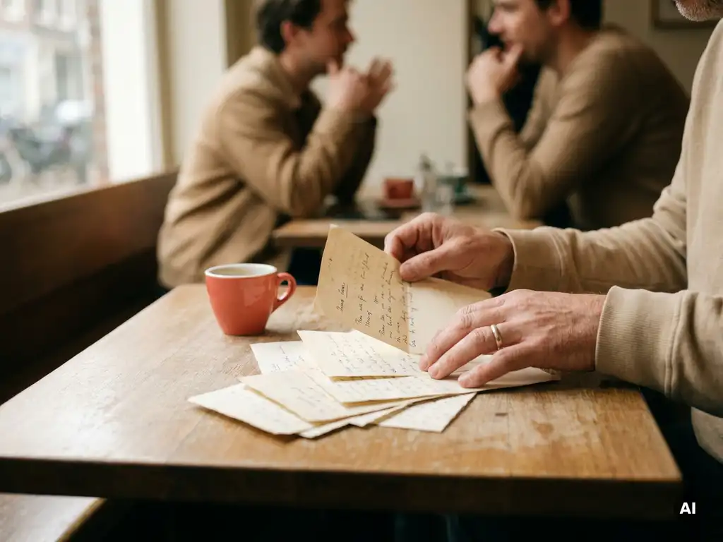 Onderzoeker sorteert handgeschreven interviewaantekeningen op een houten cafétafel in Amsterdam, met een koraalrood espressokopje ernaast.