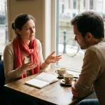 Twee onderzoekers in gesprek aan een houten cafétafel in Amsterdam, met notitieboek en koffiekopjes, in warm natuurlijk daglicht.