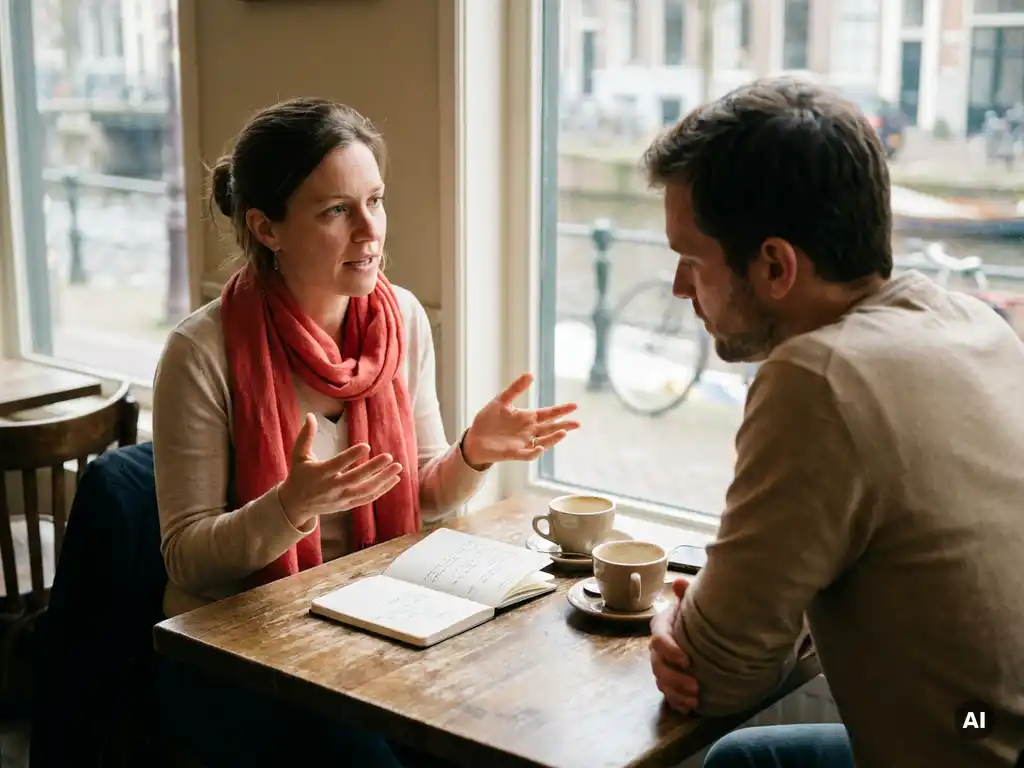 Twee onderzoekers in gesprek aan een houten cafétafel in Amsterdam, met notitieboek en koffiekopjes, in warm natuurlijk daglicht.